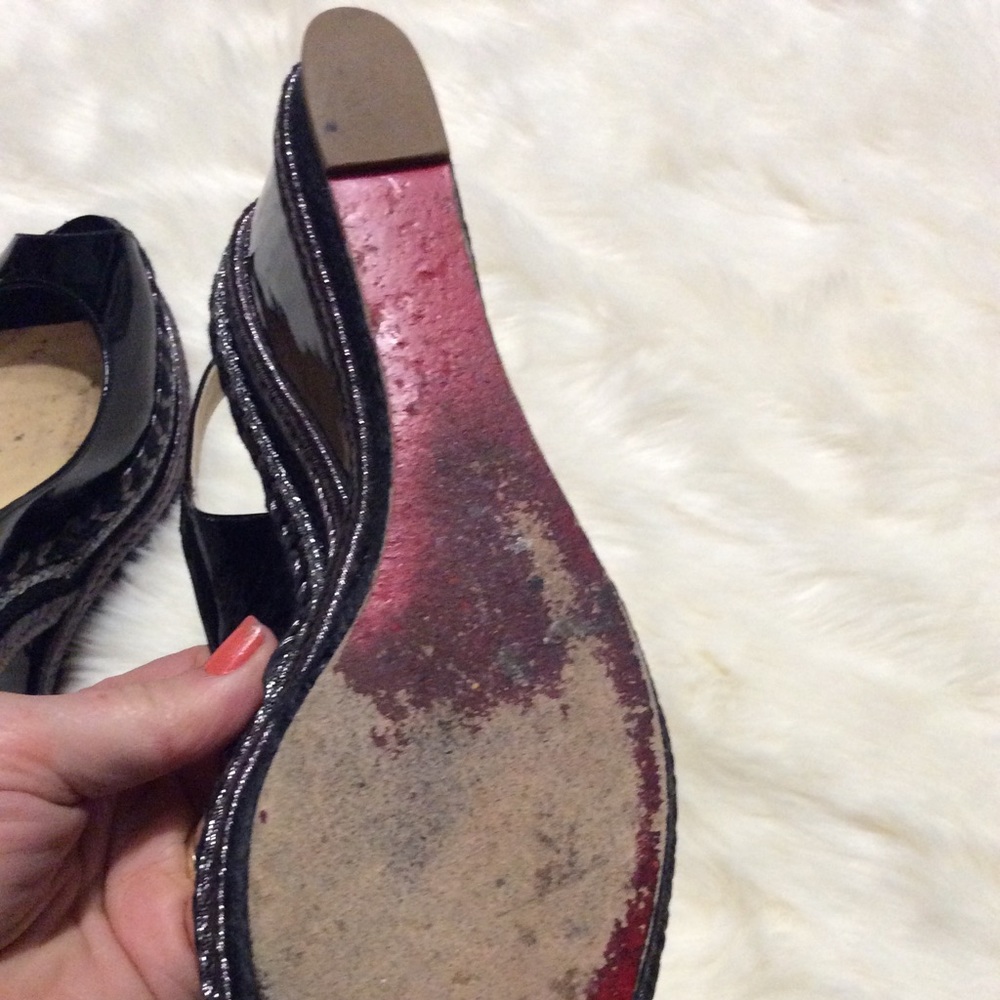 CHRISTIAN LOUBOUTIN Black Patent Wedge SHOES size 38 Silver trim - Picture 6 of 8